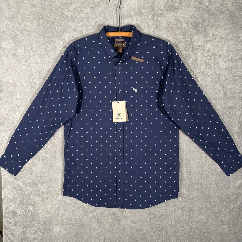 Ariat Mens Cordell Fitted LS Shirt Navy Blue Bull Head Print 10054804 Large NWT